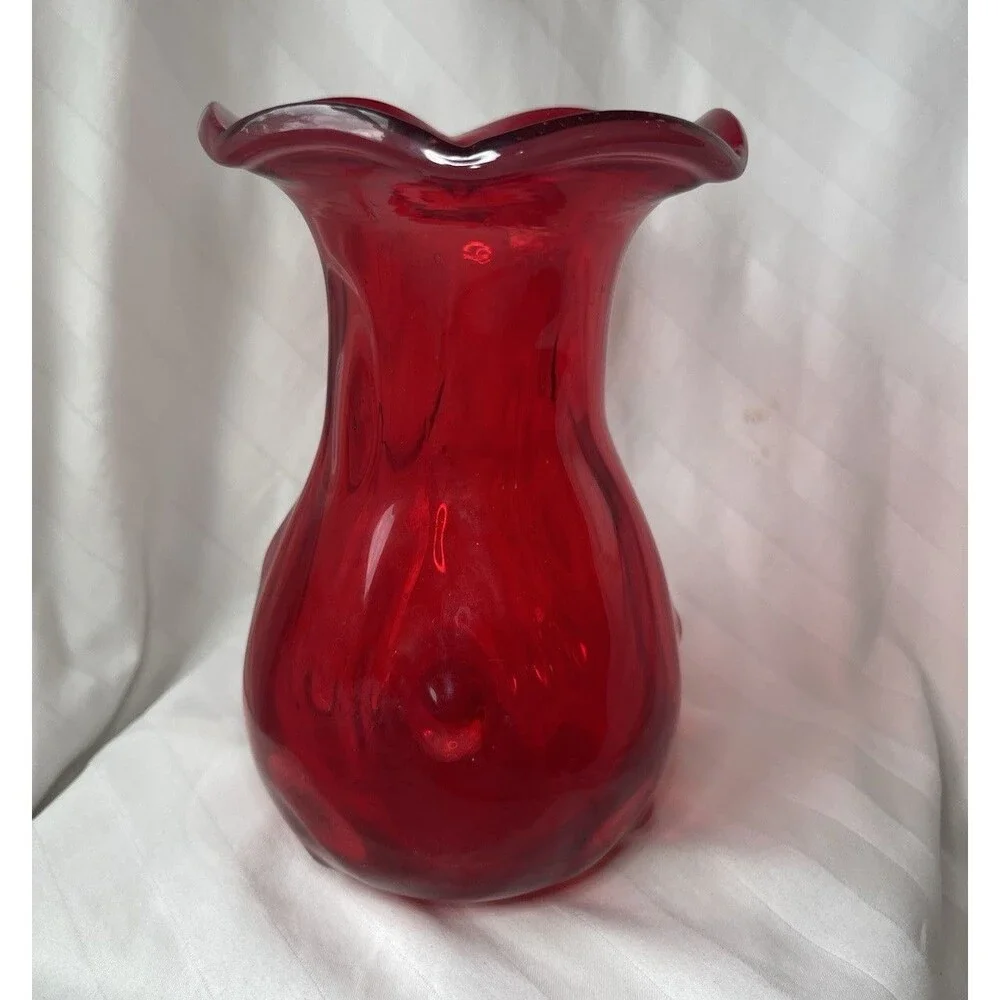 Red Glass Vase, Flared Scalloped Rim, Hand Blown